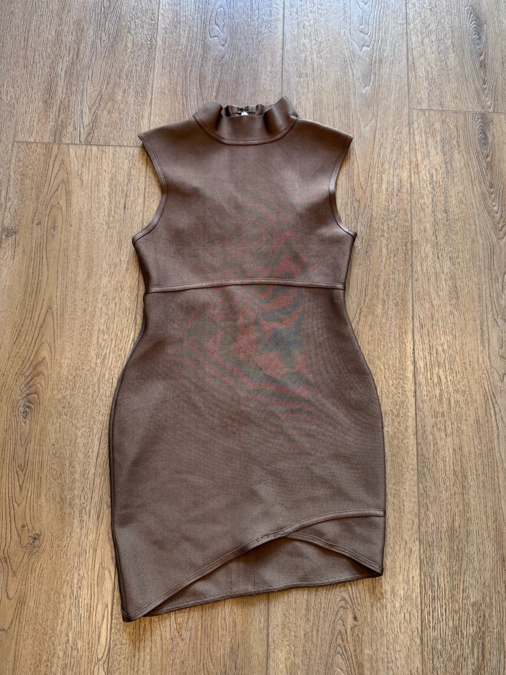 Mistress rocks Sleeveless Mock Neck Bodycon Dress in taupe